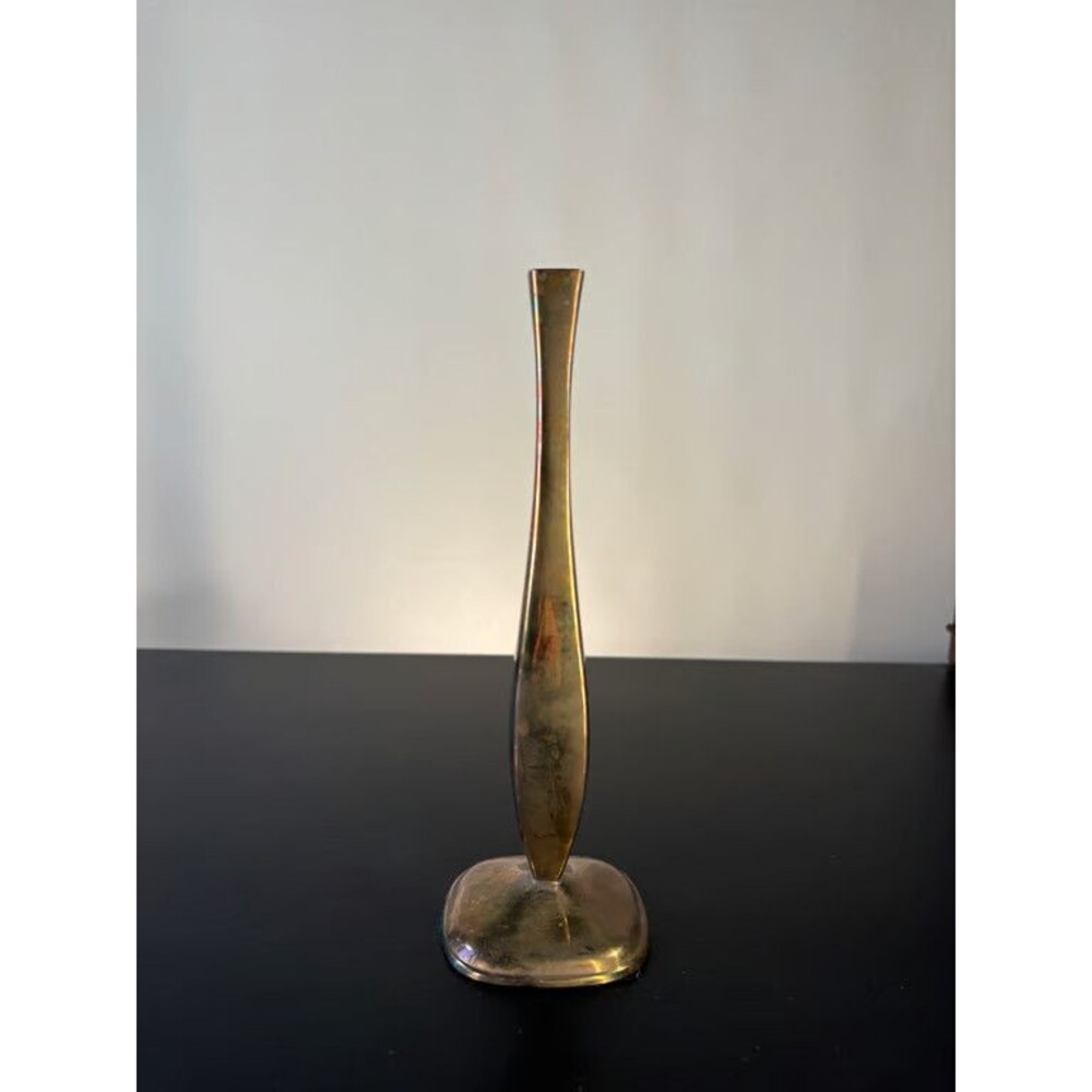 Brass Bud Vase Mid Century Waisted Stem Square Mouth Hong Kong Felt Base 8 in